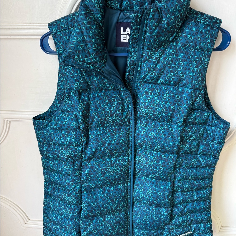 Lands' End Blue/Teal Geometric Down Puffer Vest